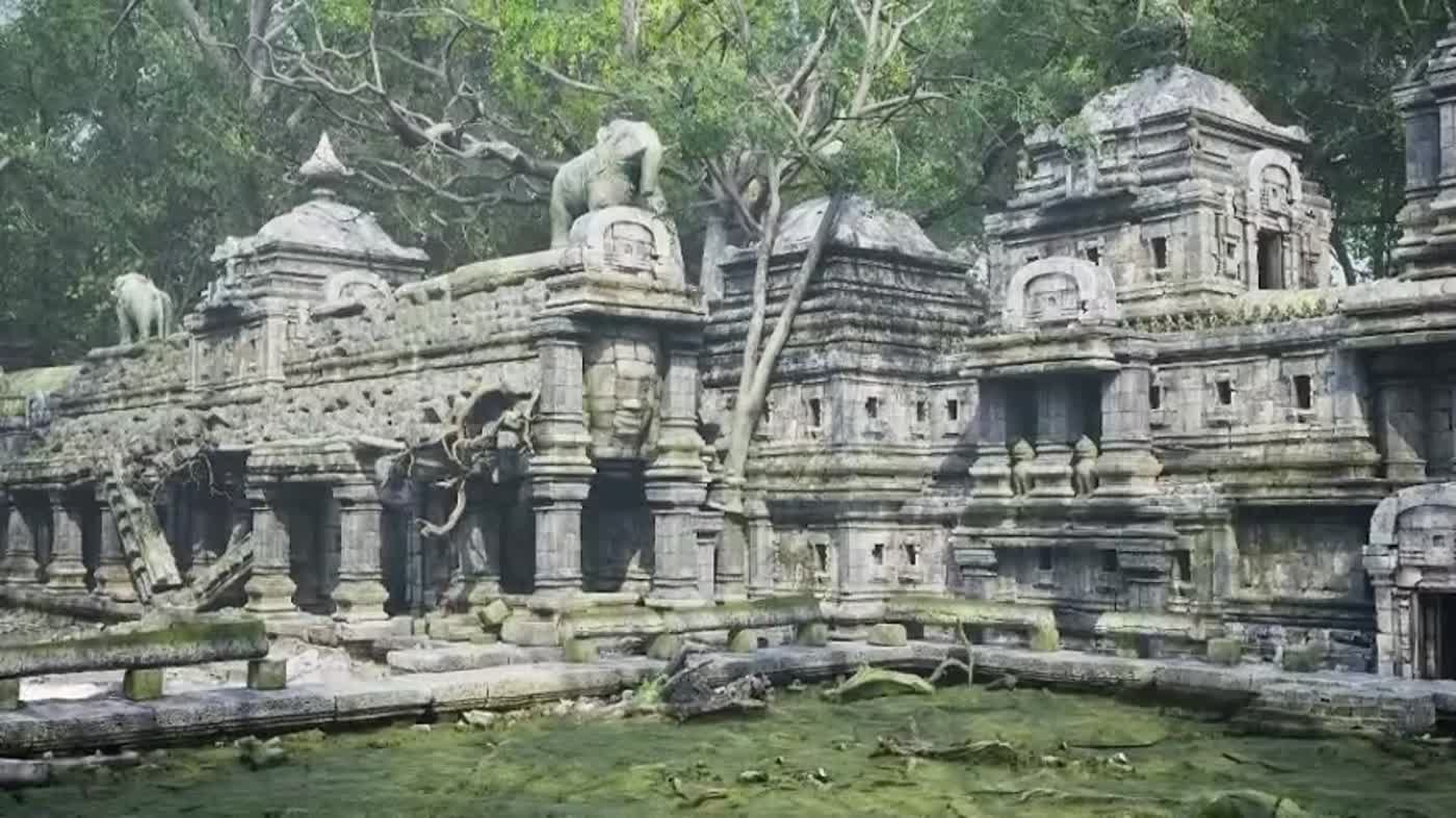 A weathered stone temple complex overgrown with trees, from The Vault Enterprise